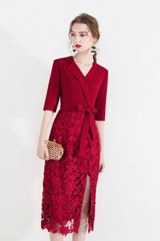 Chic Short Red Lace Formal Dress With Side Slit Suit Collar - HTX97030