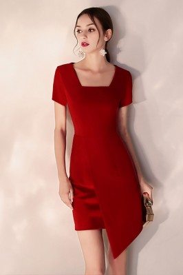 Little Red Short Bodycon Party Dress Square Neck Short Sleeves - HTX97060