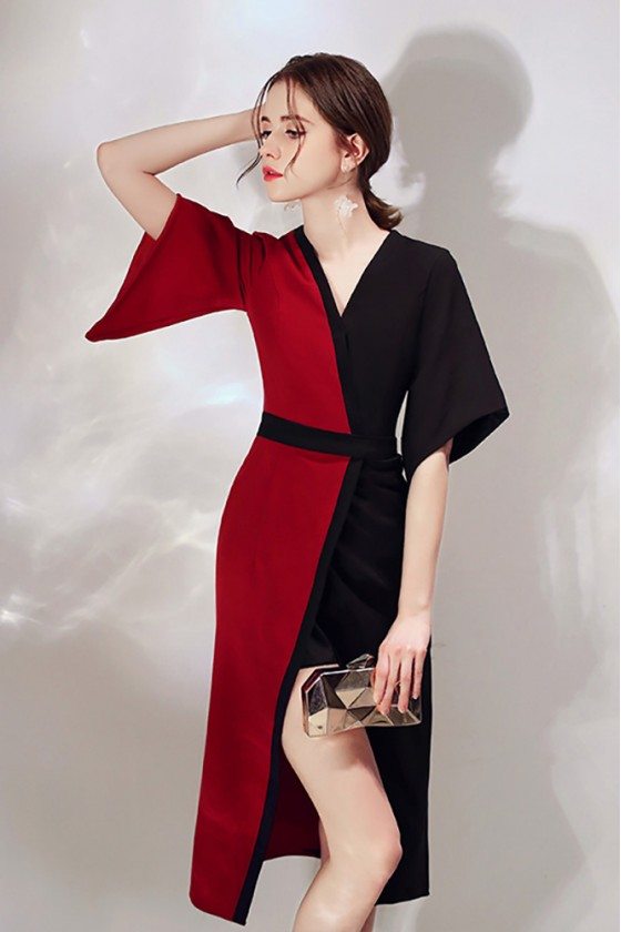 Classy Black And Red Color Blocks Party Dress Slit With Sleeves - HTX97040