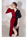 Classy Black And Red Color Blocks Party Dress Slit With Sleeves - HTX97040