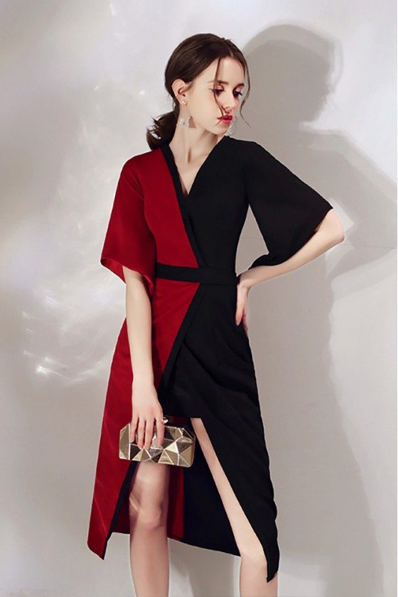 Classy Black And Red Color Blocks Party Dress Slit With Sleeves - $70.4 ...