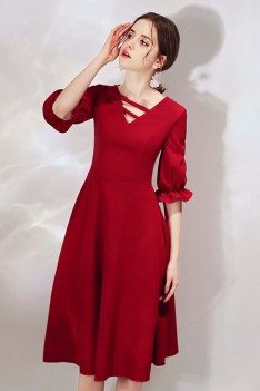 French Chic Burgundy Knee Length Party Dress With Bubble Sleeves - HTX97039