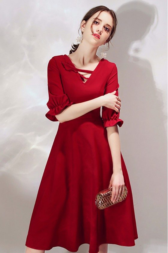 French Chic Burgundy Knee Length Party Dress With Bubble Sleeves - $68.9832 #HTX97039 - SheProm.com French Chic Burgundy Knee Length Party Dress With Bubble Sleeves - $68.9832 #HTX97039 - SheProm.com