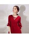 French Chic Burgundy Knee Length Party Dress With Bubble Sleeves - HTX97039