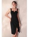 Chic Black Bodycon Party Dress Fitted Short With Slit Straps - HTX97063