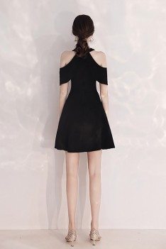Short Halter Little Black Party Dress With Cold Shoulder - HTX97080