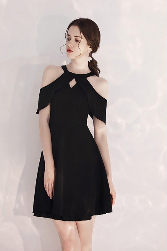 Short Halter Little Black Party Dress With Cold Shoulder - $62.7 # ...