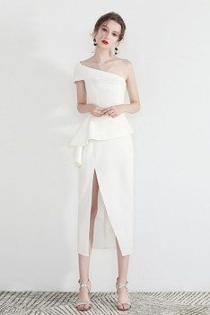 White One Shoulder Formal Party Dress With Side Slit - HTX97027