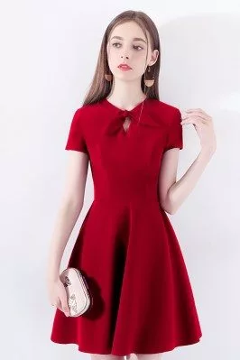 Burgundy Red Flare Short Party Dress With Short Sleeves Bow Knot - HTX97038