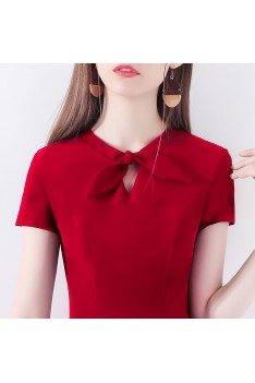 Burgundy Red Flare Short Party Dress With Short Sleeves Bow Knot - HTX97038