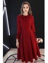 Retro Burgundy Knee Length Party Dress With Long Sleeves Bow Knot - HTX97033