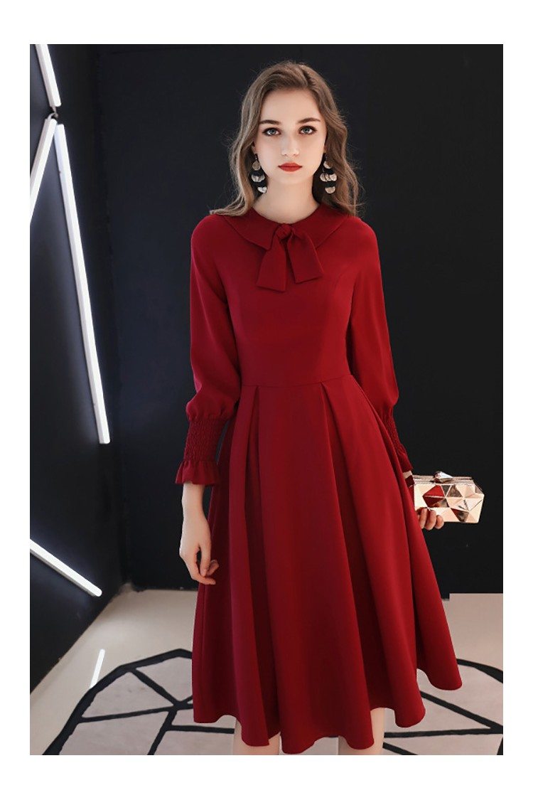Retro Burgundy Knee Length Party Dress With Long Sleeves Bow Knot - $70 ...
