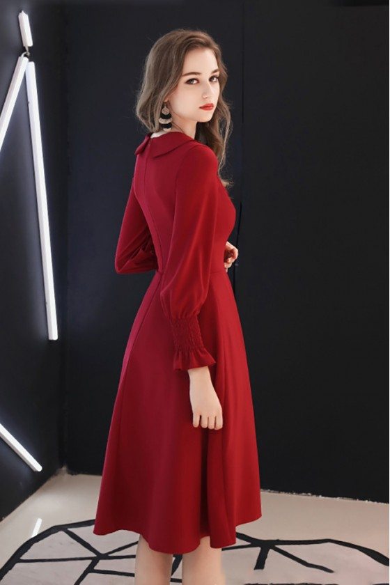 Retro Burgundy Knee Length Party Dress With Long Sleeves Bow Knot - $70 ...