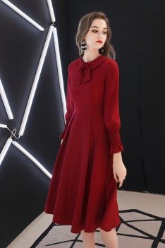 Retro Burgundy Knee Length Party Dress With Long Sleeves Bow Knot - HTX97033