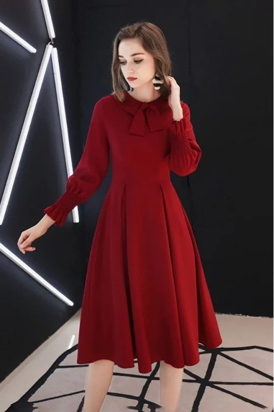 Bow Neckline Knee Length Dress / Long Sleeve Dress / Red Dress / Elegant  Dress / Dress To The Knee / Dress for Women / Women's Dresses