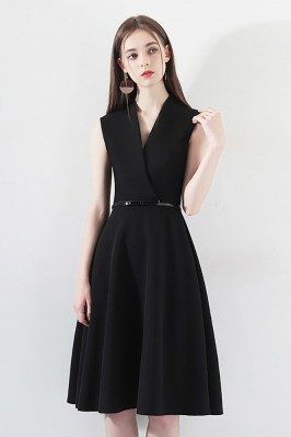 Black Short Aline Party Dress Wrap Vneck With Sash - HTX97012