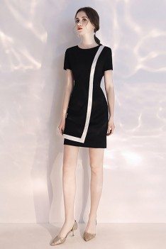 Black And White Color Blocks Short Party Dress With Sleeves - HTX97088