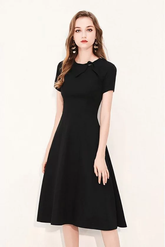 knee length short sleeve black dress