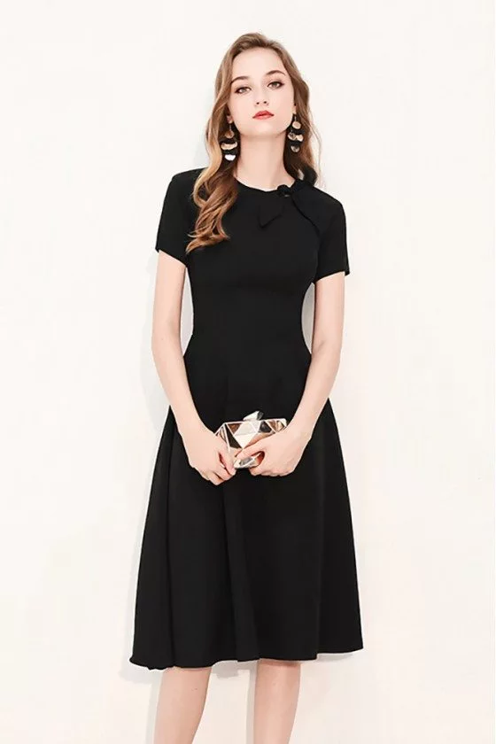 Retro Chic Black Knee Length Party Dress With Bow Knot Short Sleeves ...