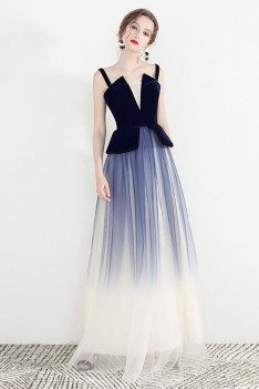 Unusual Ombre Blue Long Tulle Party Dress With Straps - HTX97028