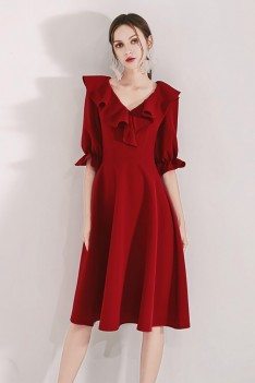 Burgundy Aline Knee Length Party Dress With Flounce Half Sleeves - HTX97064