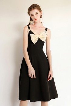 Chic Black Midi Party Dress With Big Bow Straps - HTX97054
