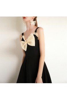 Chic Black Midi Party Dress With Big Bow Straps - HTX97054