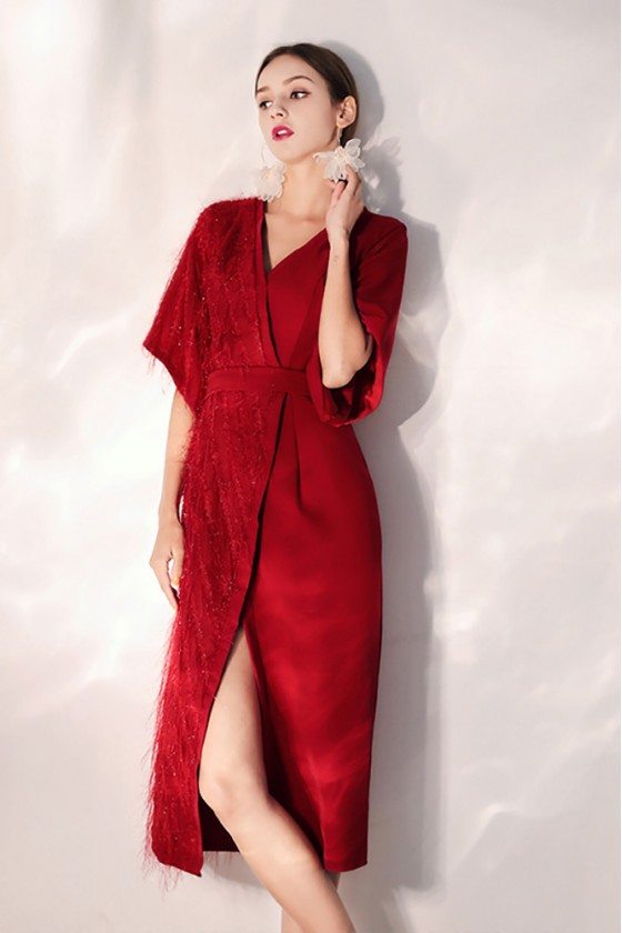 Sexy Slit Burgundy Party Dress With Sash Wrap Dress - HTX97046