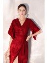 Sexy Slit Burgundy Party Dress With Sash Wrap Dress - HTX97046