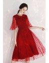 Retro Burgundy Tulle Party Dress Polka Dot Lace With Sleeves - HTX97084