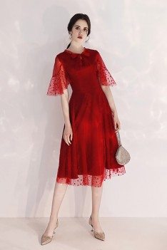 Retro Burgundy Tulle Party Dress Polka Dot Lace With Sleeves - HTX97084