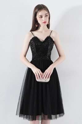 Cute Black Sequins Tulle Short Party Dress With Spaghetti Straps - HTX97013