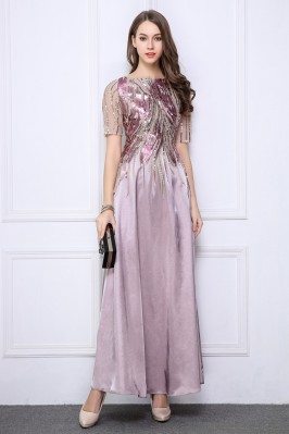 Sequin Embroidery Short Sleeve Long Party Dress