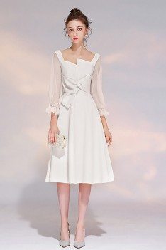 Elegant White 3/4 Sleeves Party Dress Aline With Sheer Sleeves - HTX97056