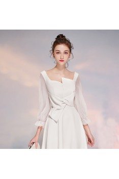 Elegant White 3/4 Sleeves Party Dress Aline With Sheer Sleeves - HTX97056