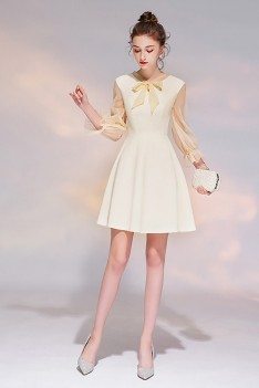Champagne Bow Knot Short Party Dress With Sheer Sleeves - HTX97042