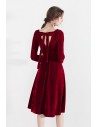 Retro Burgundy Velvet Short Party Dress With Square Neckline Long Sleeves - HTX97026