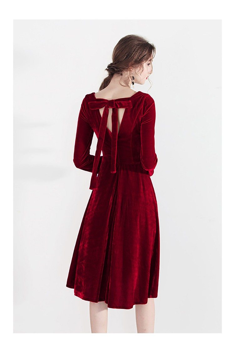 Retro Burgundy Velvet Short Party Dress With Square Neckline Long ...
