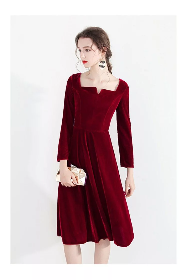 Retro Burgundy Velvet Short Party Dress With Square Neckline Long ...