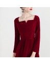 Retro Burgundy Velvet Short Party Dress With Square Neckline Long Sleeves - HTX97026