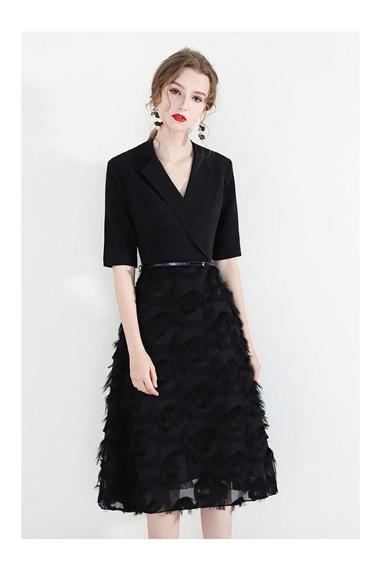 Black Chic Knee Length Party Dress With Sleeves Suit Collar - $70.4 # ...