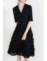 Black Chic Knee Length Party Dress With Sleeves Suit Collar - HTX97020