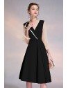 Black Vneck Knee Length Semi Formal Dress With Sheer Sleeves - HTX97062