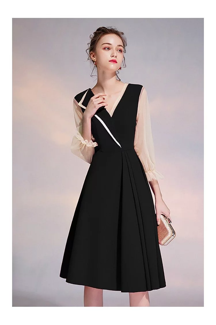 Black Vneck Knee Length Semi Formal Dress With Sheer Sleeves - $64.9 # ...