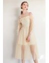 Fairy Aline Champagne Tulle Party Dress Sheer Neck With Sleeves - HTX97051