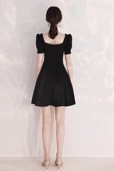 French Style Little Black Party Dress Short With Sleeves - HTX97083