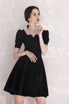 French Style Little Black Party Dress Short With Sleeves - HTX97083