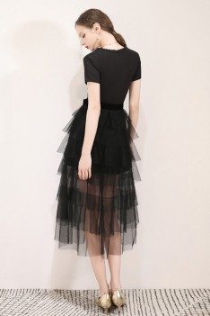 Vogue Black Tulle Tea Length Party Dress With Vneck Short Sleeves - HTX97036