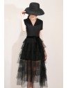 Vogue Black Tulle Tea Length Party Dress With Vneck Short Sleeves - HTX97036