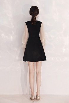 Flare Black Party Dress Short With Special V-neck Collar - HTX97081